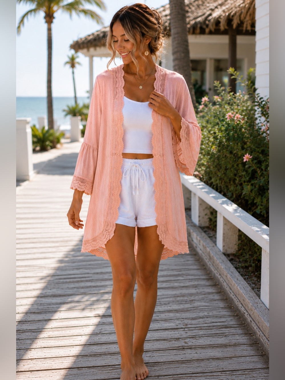 Spadehill Blush Pink Crochet Lace Trim Bell Sleeve Kimono Cardigan M - Picture 1 of 17